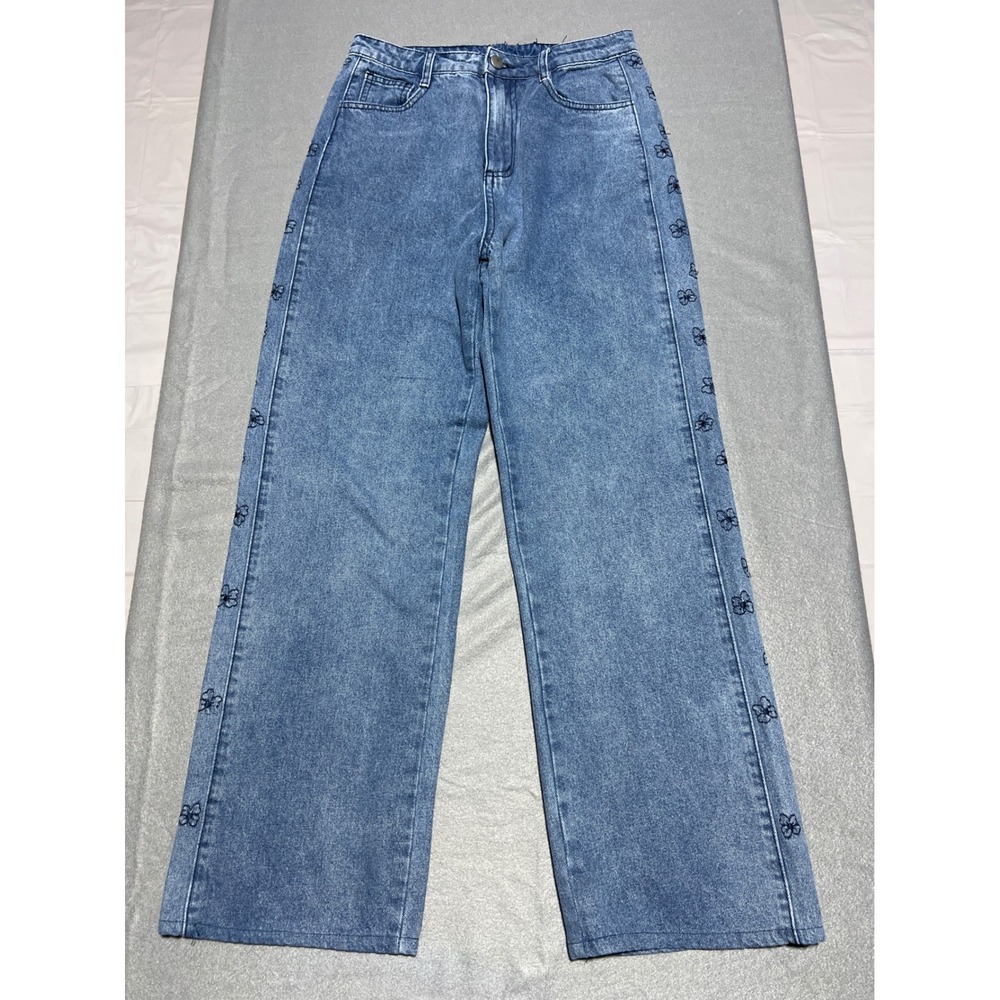 Wide Leg High Waisted Sz 27" Jeans Medium Wash Blue Floral Embroidered Side Seam